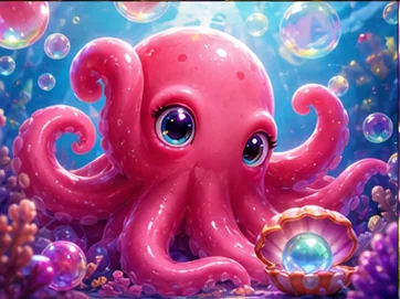 Pinker Oktopus zwischen glänzenden Blasen