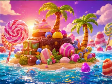 Bunte Süßigkeiteninsel mit Palmen