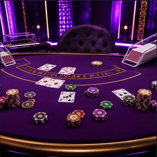 Violetter Blackjack-Tisch mit Karten und Chips
