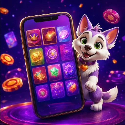Smartphone mit violetter Spieleansicht und Irwin-Maskottchen