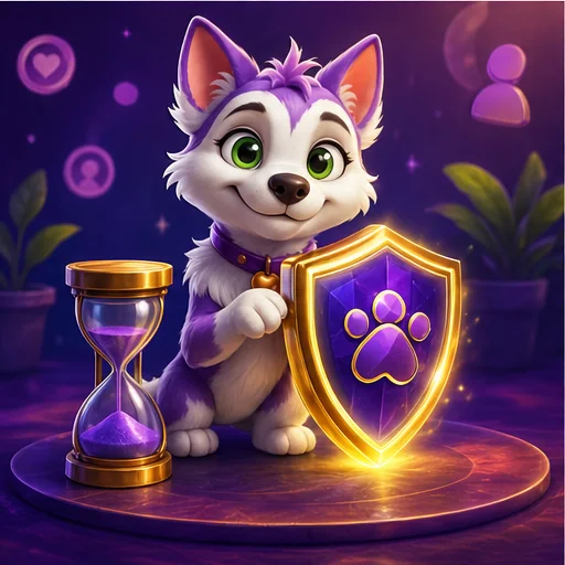 Maskottchen mit Schutzschild und Sanduhr