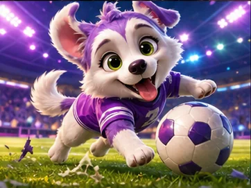 Weiß-violetter Hund mit Fußball im Stadion