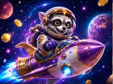 Weltraum-Waschbär in einer violetten Rakete