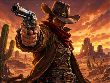 Westernheld vor einem orangefarbenen Sonnenuntergang