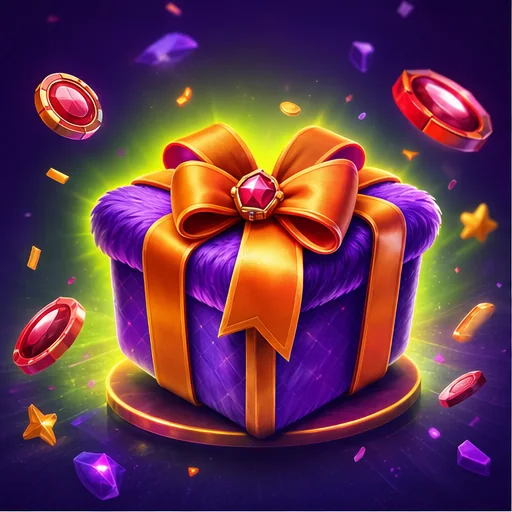 Violettes Willkommensgeschenk mit orangefarbener Schleife und leuchtenden Spielsteinen